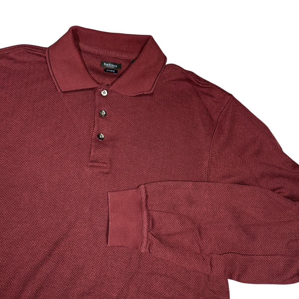 Van Heusen Studio Mens Small Polo Shirt Long Sleeve Burgundy Herringbone Knit